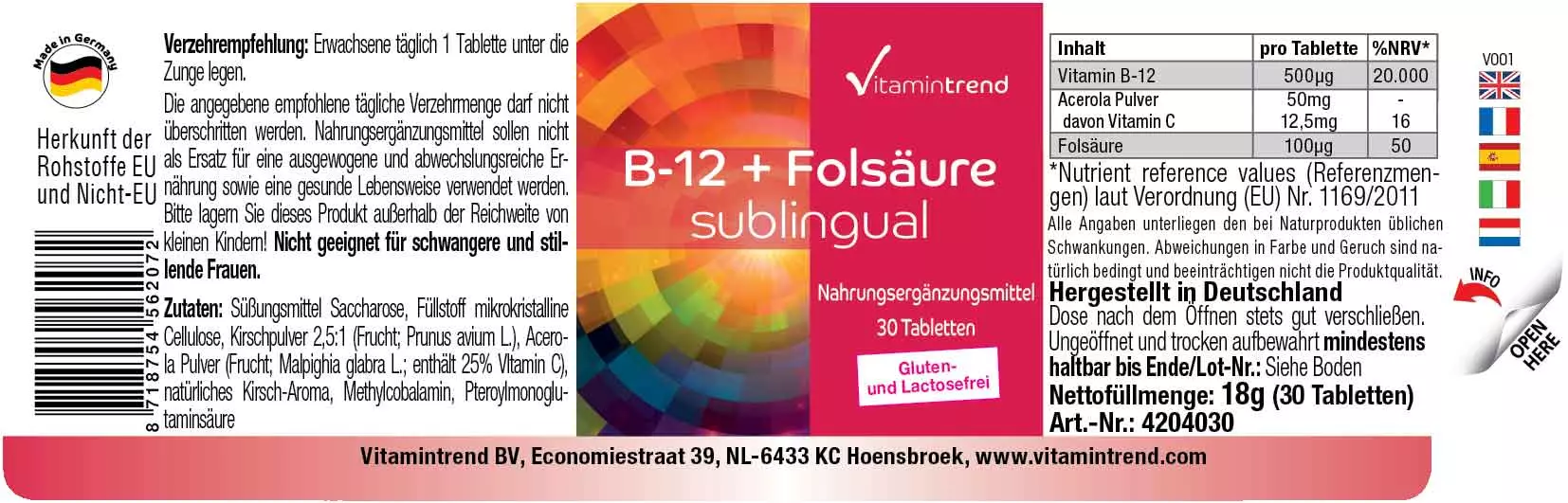 B-12 + Folsäure sublingual - 30 Tabletten mit Acerola