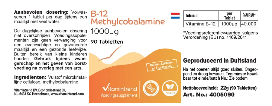 B-12 Methylcobalamin 1000µg 90 Tabletten von Vitamintrend: Dein veganer Boost für 3 Monate!