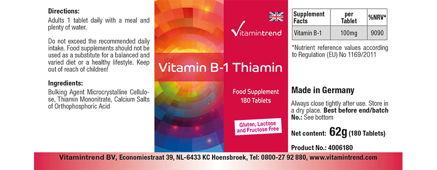 Vitamin B1 100mg Thiamine - 180 tablets Vegan