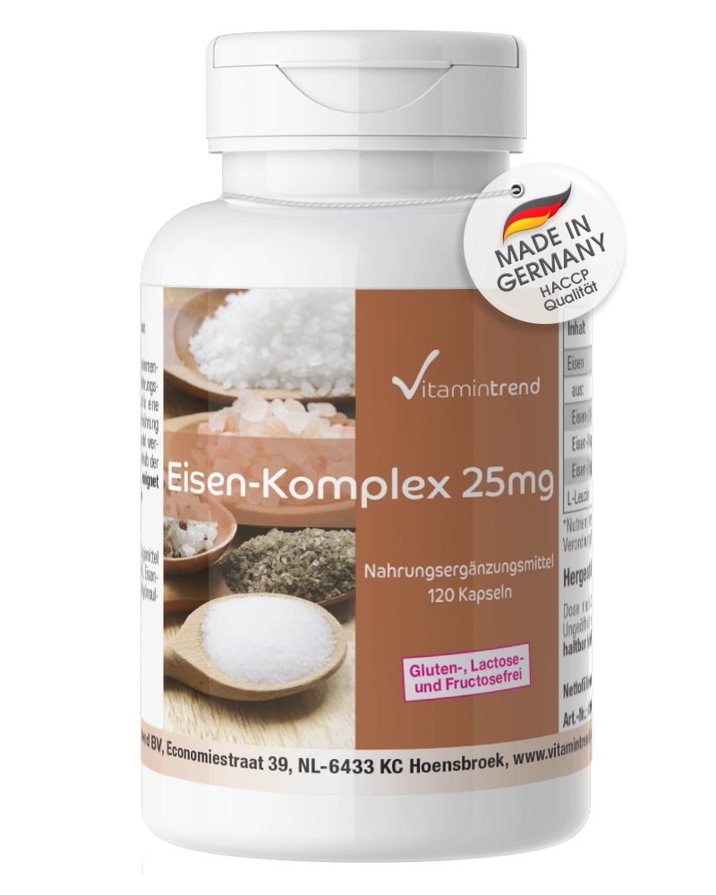 Complexe de Fer 25mg - 120 gélules, végan, flacon avantageux pour 4 mois Complexe de Fer 25mg - 120 gélules, végan, flacon avantageux pour 4 mois