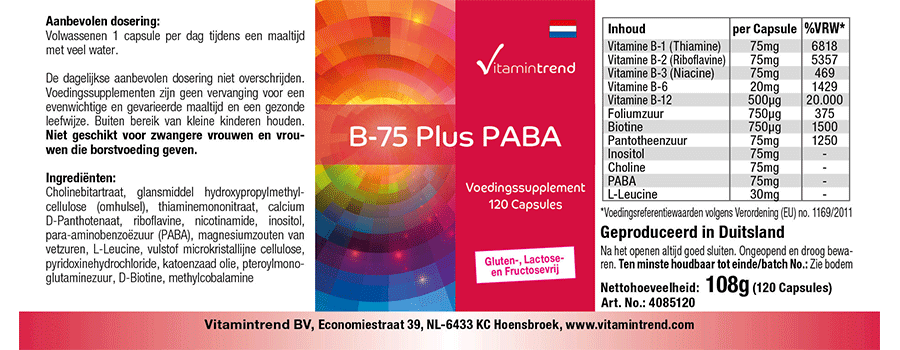Vitamine B-75 avec PABA, 120 gélules, végan, flacon avantageux pour 4 mois