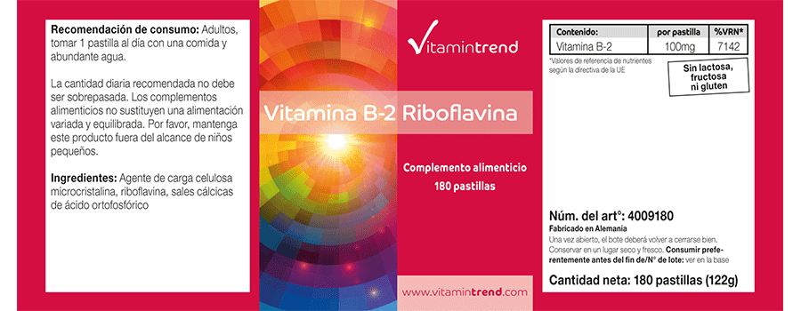 Vitamine B-2 Riboflavine 100mg 180 Comprimés Végan