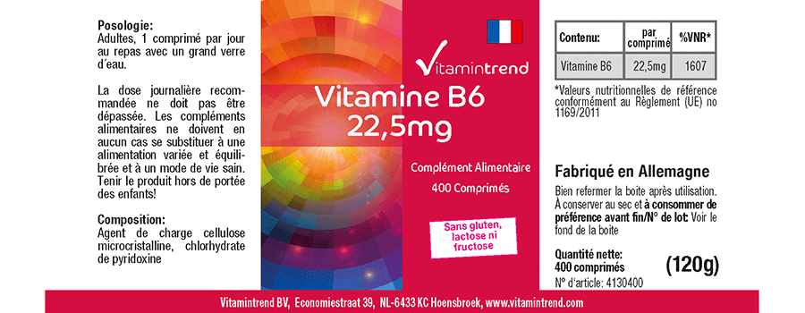 Vitamine B6 22,5mg - vegan -  Boite de 400 comprimés