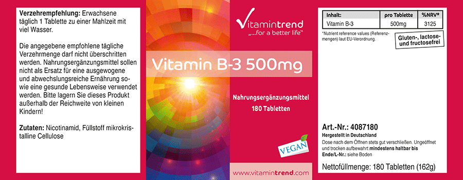 Vitamin B3 500mg - 180 vegane Kapseln, hochdosiert, Großpackung für  1/2  Jahr