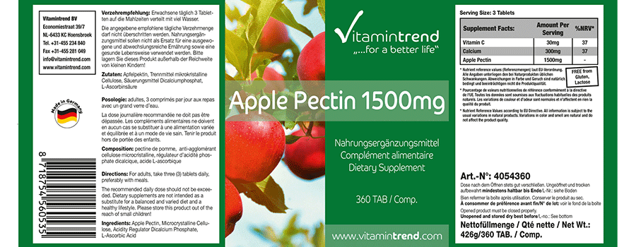 Pectina di mele 1500mg al giorno, confezione da 360 compresse alla rinfusa, fibra solubile, gonfiore, saturazione