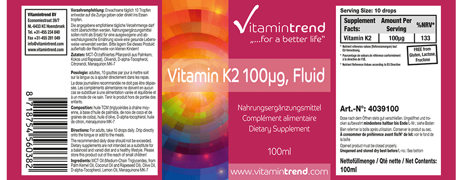 Vitamin K2 flüssig 100µg pro 10 Tropfen, 100ml mit Citronenöl, natürliches Menaquinon MK-7