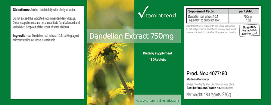 Dandelion extract 750mg - 180 tablets, 10-fold concentrated, vegan