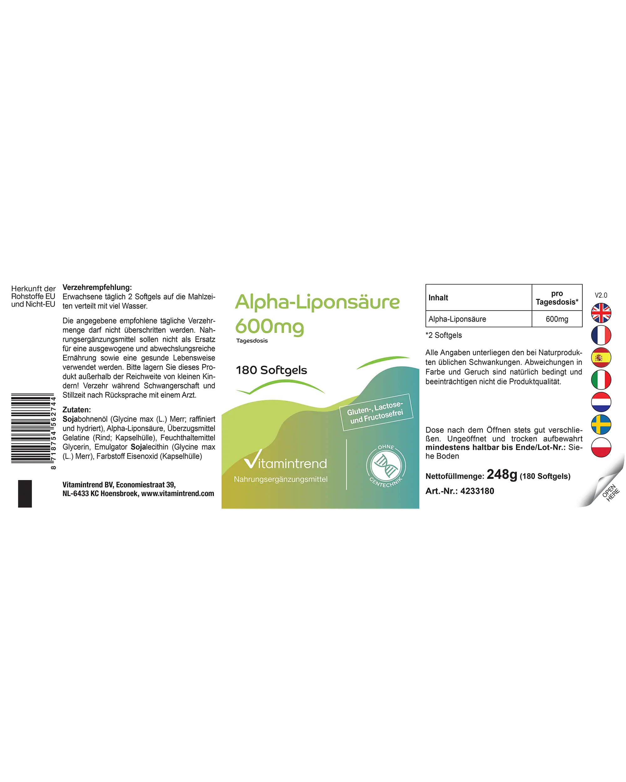 Alpha-Liponsäure 600mg - 180 Softgels | Vitamintrend