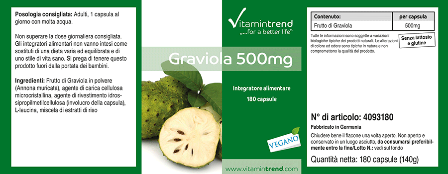 Graviola 500mg - 180 capsules, vegan, bulk pack for 180 days