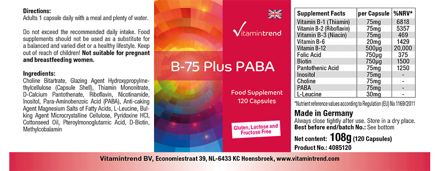 Vitamine B-75 avec PABA, 120 gélules, végan, flacon avantageux pour 4 mois