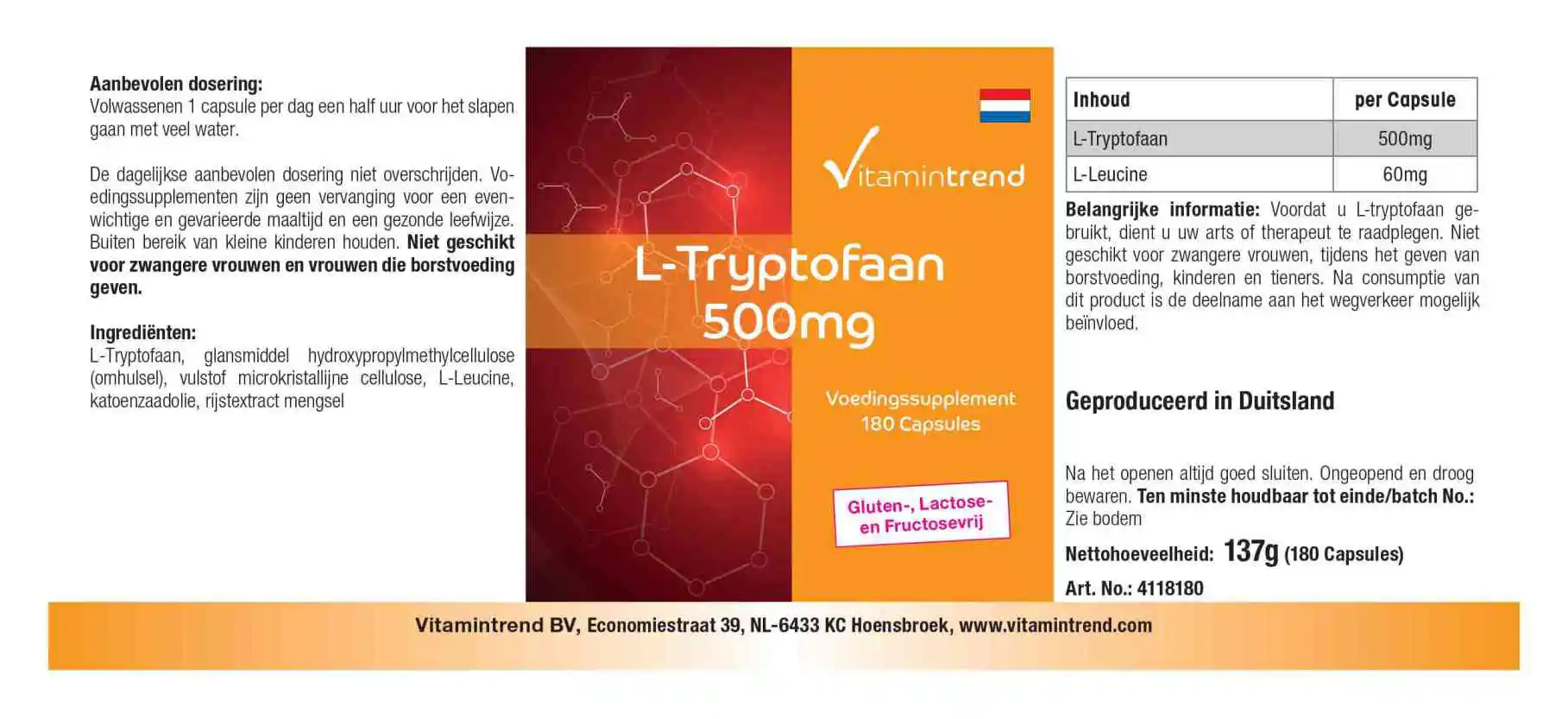 L-Tryptophane 500mg - végétalien - 180 gélules - emballage géant