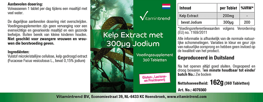 Extracto de Kelp 200mg - 300µg de yodo natural - 360 comprimidos - Tratamiento para 1 año