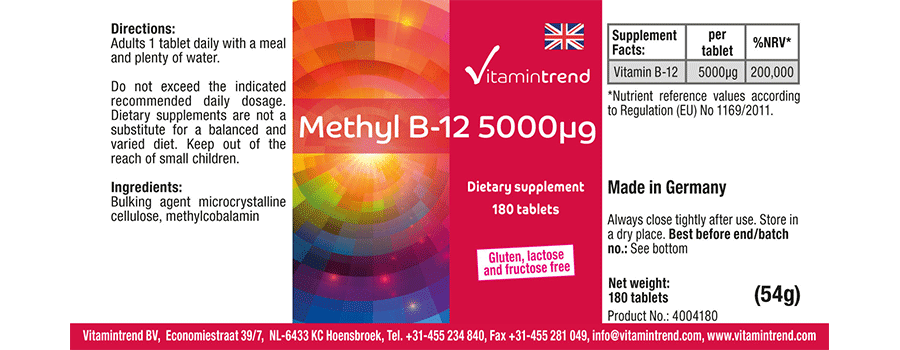 Methyl B-12 5000µg - Methylcobalamin - 180 Tabletten hochdosiert - Großpackung für 1/2 Jahr