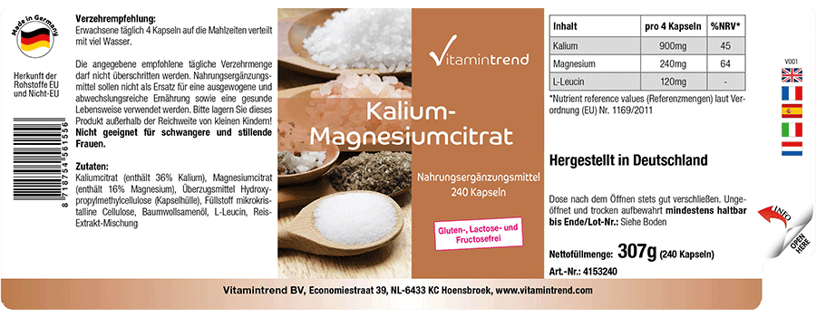 Kalium-Magnesiumcitrat - vegan - 240 Kapseln