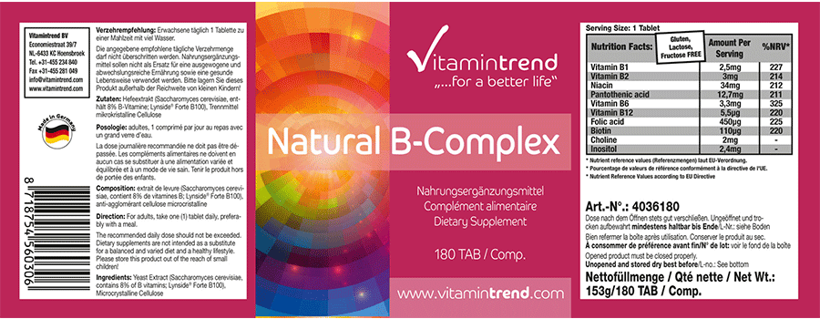 Natürlicher Vitamin B-Komplex 180 Tabletten für  1/2  Jahr Lynside® Forte B100, vegi