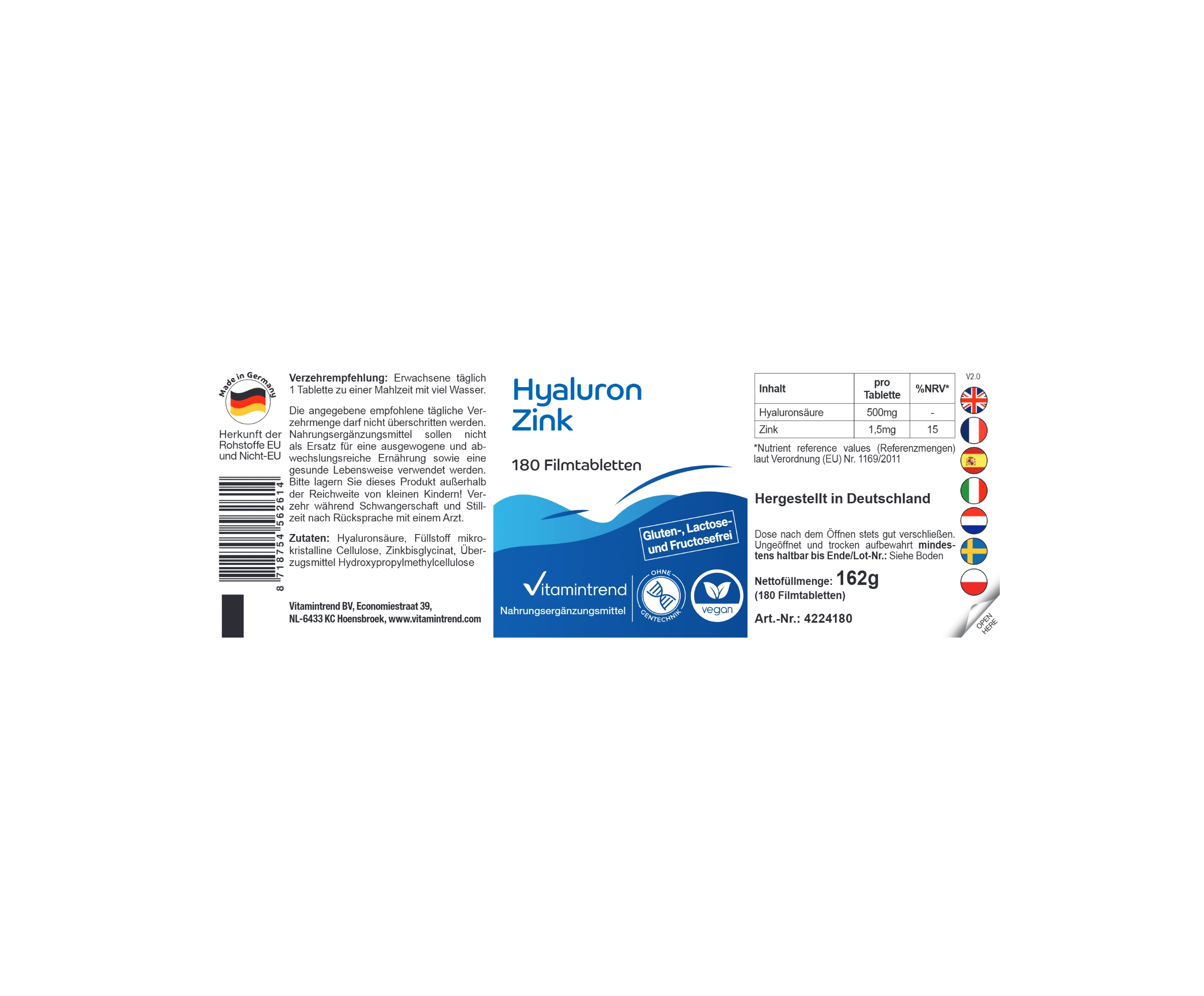 Acido ialuronico Zinco - 180 compresse rivestite con film | Vitamintrend