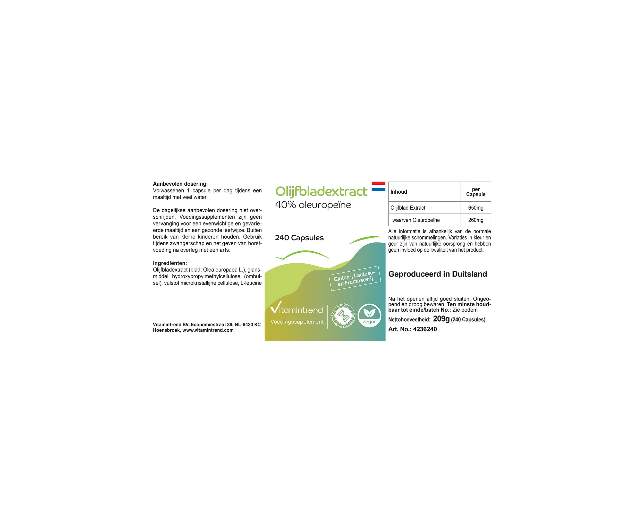 Extrait de feuille d’olivier avec 40% d’oléuropéine - 240 gélules | Vitamintrend